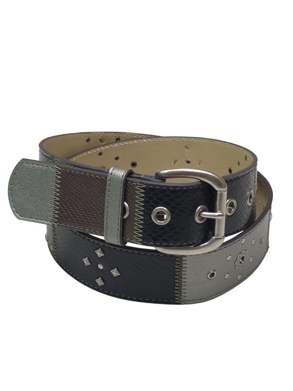 Studded Patchwork Belt With Metallic Accents & Textured Finish Womens Size L 43"